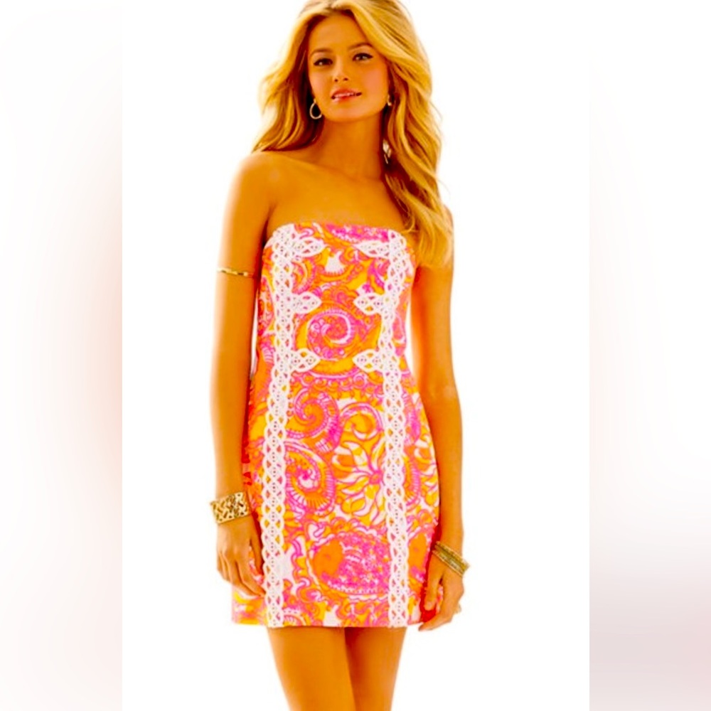 Lilly Pulitzer Orange and Pink Strapless Dress - Size 8